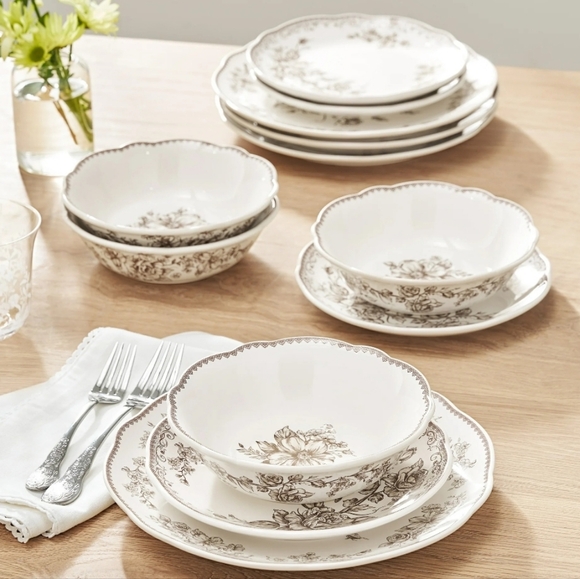 💜 2025 12 Piece Pioneer Woman Agatha Brown Elegant Floral Dinnerware Set - Picture 3 of 3